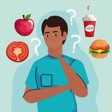 Man thinking with question marks about fast food vector design Illustrazione stock