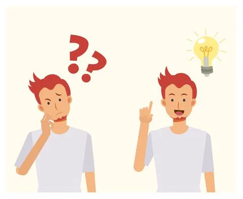 Man is thinking  with question marks. then have some idea pop out.Problem sol Stock Illustration
