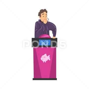 Man Thinking at Quiz Question, Participant Playing on Television Intellectual Stock Illustration