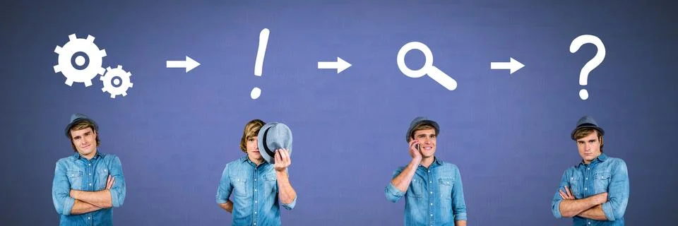 Man thinking in sequence with ideas and brainstorm process icons Fotos de archivo