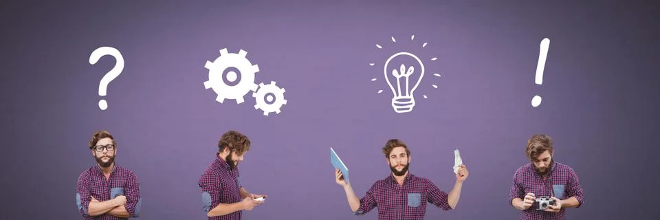 Man thinking in sequence with ideas and brainstorm process icons Stock Photos
