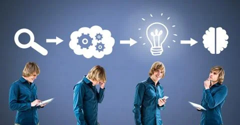 Man thinking in sequence with ideas and brainstorm process icons Stock Photos