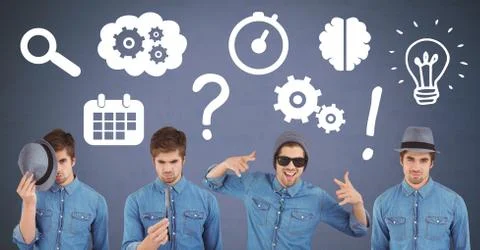 Man thinking in sequence with ideas and brainstorm process icons Stockfoto's