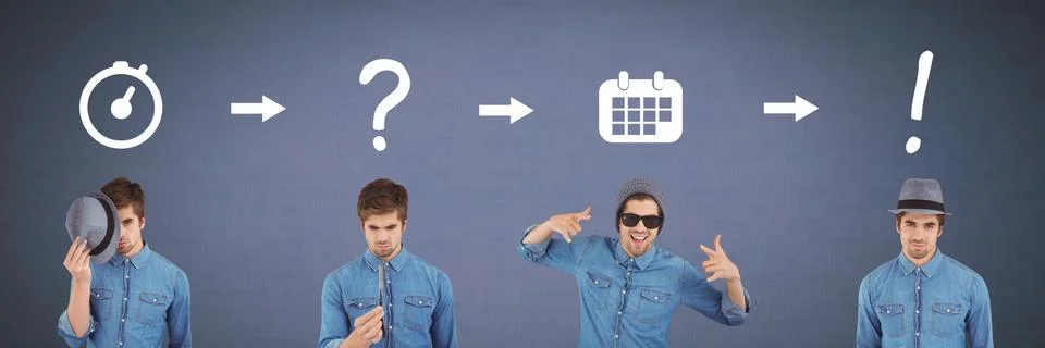 Man thinking in sequence with ideas and brainstorm process icons Foto stock