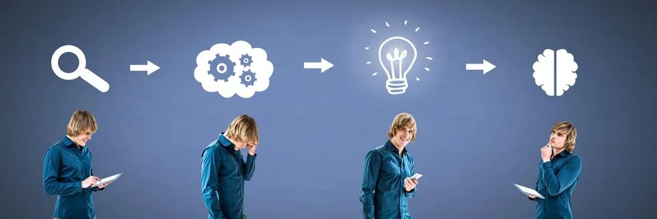 Man thinking in sequence with ideas and brainstorm process icons Stock Photos