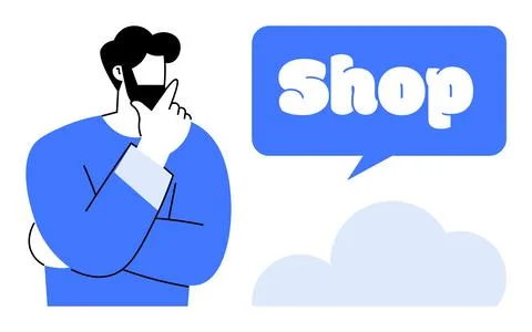Man Thinking with a Shop Speech Bubble and Clouds Illustrazione stock