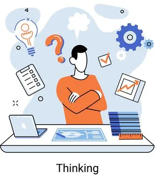 Man thinking sitting at table, with question mark and business icons. Problem Illustrazione stock