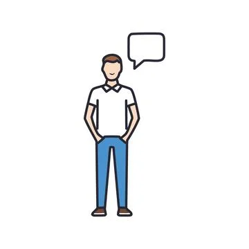 Man thinking speech bubble. Man standing with hands in pockets thinking, il.. 스톡 일러스트