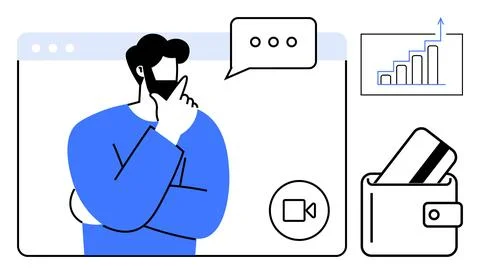 Man thinking with speech bubble, video call icon, growth chart, wallet, and c Illustrazione stock