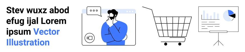 Man thinking on video call, empty shopping cart, analytics dashboard with pie 스톡 일러스트