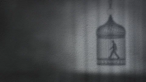 Man thinking walking in a cage on wall shadow silhouette Video stock 259423292