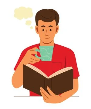 Man Thinking While Drinking and Reading the Book Stock Illustration