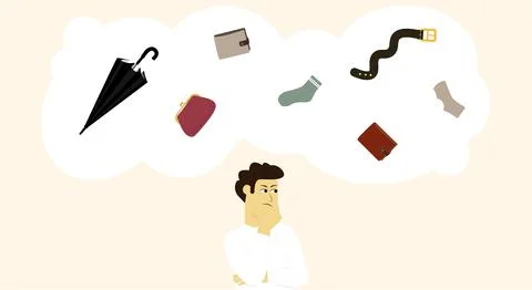 Man thinks about different objects: umbrellas wallets socks belts Stock Illustration
