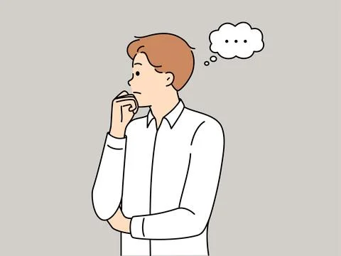 Man thinks about ways to solve problem that has arisen and touching chin looks Stock Illustration