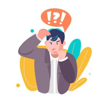A man thinks. Question mark. The employee solves the problem. bubbles 스톡 일러스트