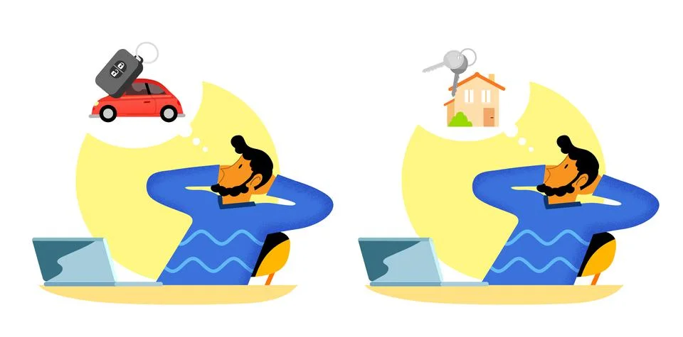 Man with thought bubble-concept of wanting to buy a house or car Stock Illustration