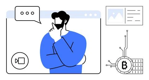 A man in thought within a virtual meeting interface also displaying Bitcoin c Stock Illustration