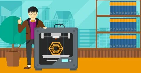 Man with three D printer Stock Illustration