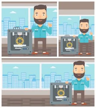 Man with three D printer vector illustration 库存插图