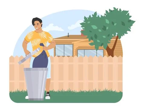 Man throwing garbage bag into trash can, vector illustration. Housework Illustrazione stock
