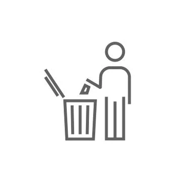 Man throwing garbage in a bin line icon Illustrazione stock