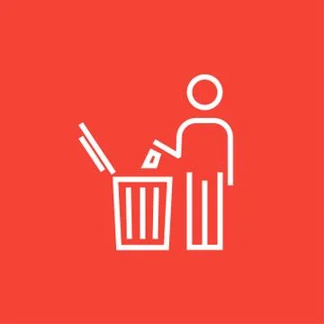 Man throwing garbage in a bin line icon Illustrazione stock