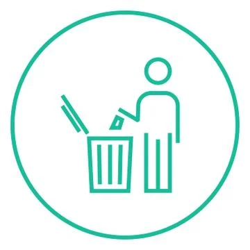 Man throwing garbage in a bin line icon Illustrazione stock