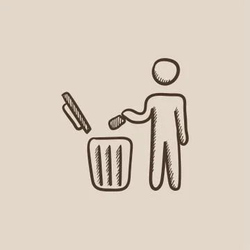 Man throwing garbage in a bin sketch icon Illustrazione stock