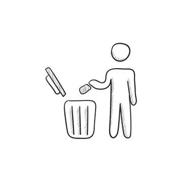 Man throwing garbage in a bin sketch icon Illustrazione stock
