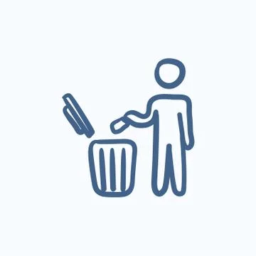 Man throwing garbage in a bin sketch icon Illustrazione stock