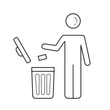 Man throwing garbage in trash bin vector line icon Illustrazione stock