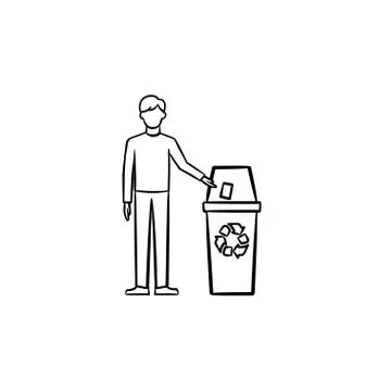 Man throwing garbage in a trash bin hand drawn icon. Illustrazione stock