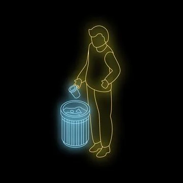 Man throwing garbage in trash can neon sign on black background イラスト素材