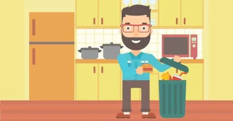 Man throwing junk food Illustrazione stock