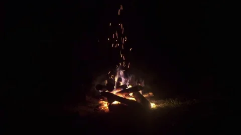 Man throwing log in campfire at night Stock-Footage 72507855