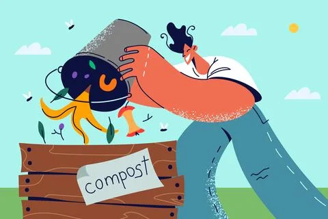 Man throwing organic trash in compost bin Stock Illustration