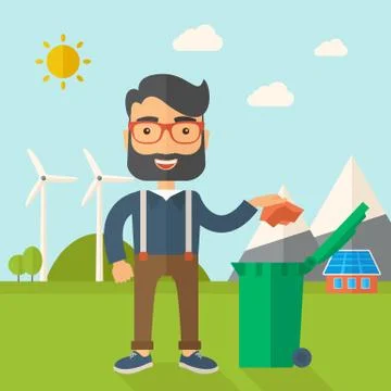 Man throwing paper in a garbage bin Illustrazione stock