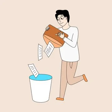 Man is throwing papers into a trash can Stock Illustration