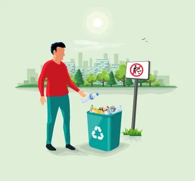 Man Throwing Plastic Bottle Waste in Garbage Bin Stock Illustration
