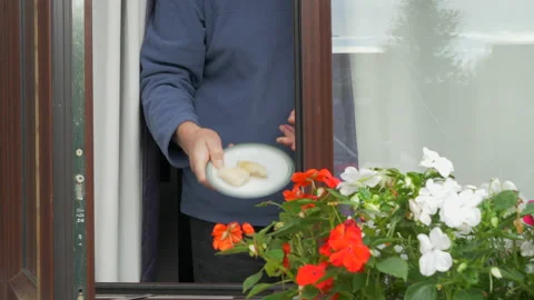 Man throwing some leftover bread out of a window. Stock Footage 138870042