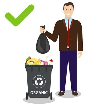 Man throwing trash bag into organic waste bin recycling and ecology concept. Ilustración de archivo