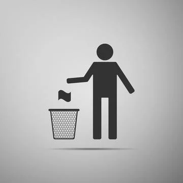 Man throwing trash into dust bin icon isolated on grey background. Recycle 库存插图