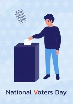 Man throws a ballot into the voting box. A call to vote. National Voter Day. Stock Illustration