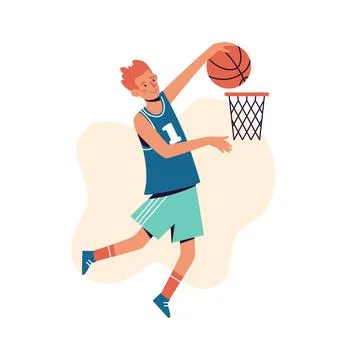 A man throws a basketball into the basket. Flat design concept with sportsman Stock Illustration