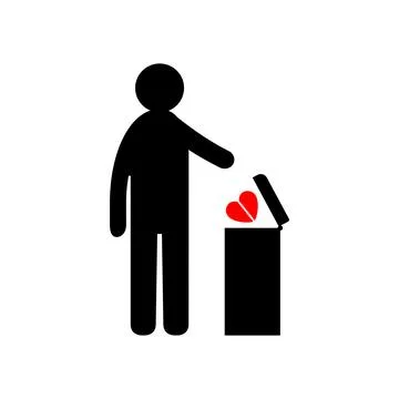 Man throws broken heart into trash can. Conceptual vector clipart and drawing. I Stock Illustration