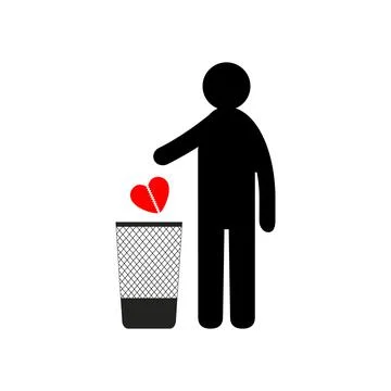 Man throws broken heart into trash can. Conceptual vector clipart and drawing. Illustrazione stock