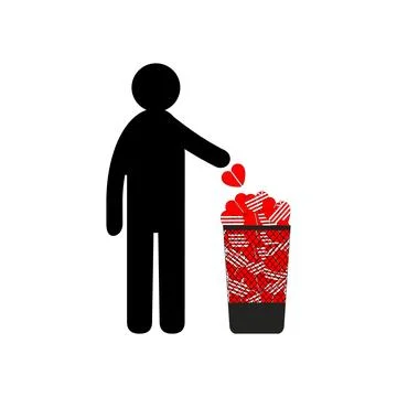 Man throws broken heart into trash can. Conceptual vector clipart and drawing. Stock Illustration