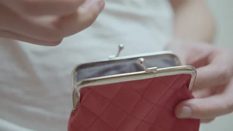 A man throws coins into an open wallet, close up Stock Footage 223738402