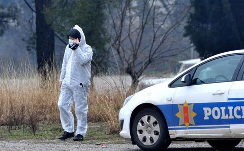 Man throws explosive then blows himself up at US Embassy in Podgorica, Montenegr Stock Photos