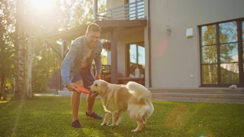 Man Throws flying disc to Dog in Backyard Stock Footage 138382007